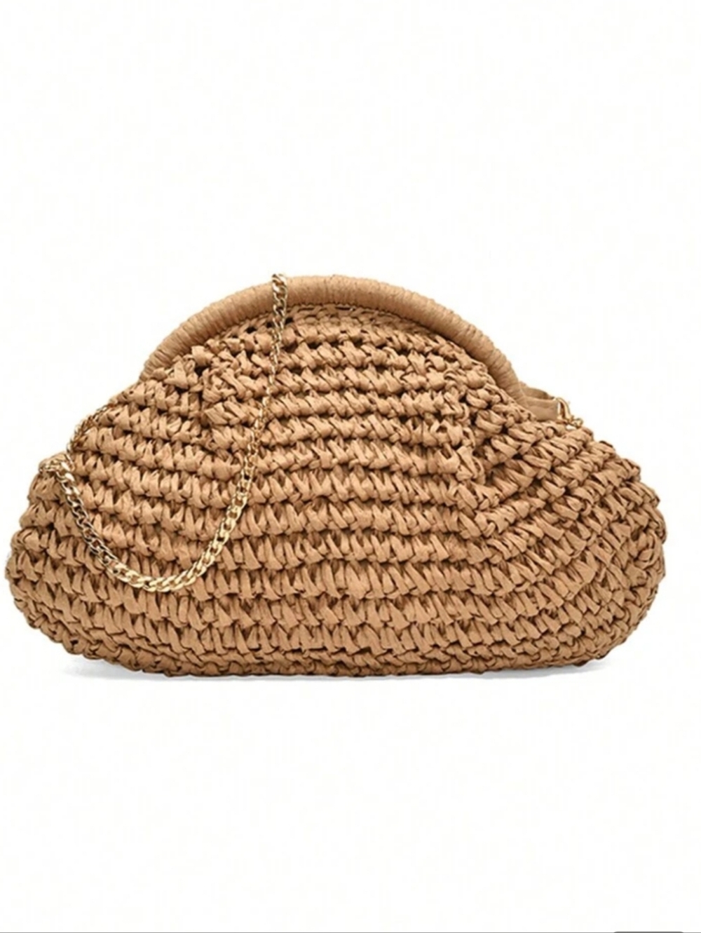 Woven Straw Clutch with Gold Chain - Tan
